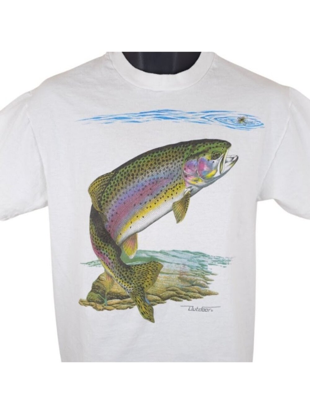 Vintage Rainbow Trout Fishing T Shirt Mens Size Medium White 90s Made In USA